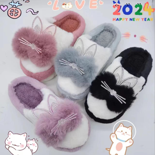 2024 new cotton slippers women‘s ball cat ears thick bottom winter warm cartoon cute velvet cotton slippers