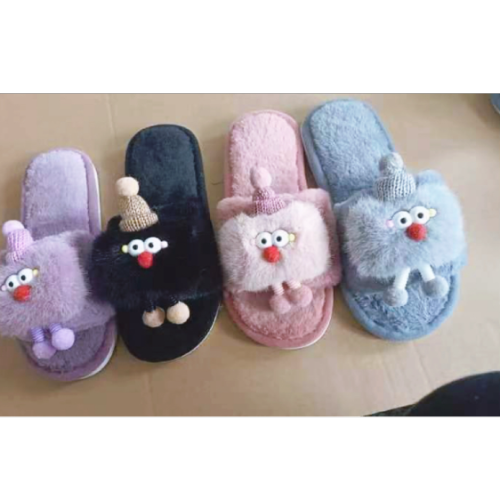 cute cartoon 2024 new word fluffy slippers female fall winter fashion flat bottom interior home open cotton slippers