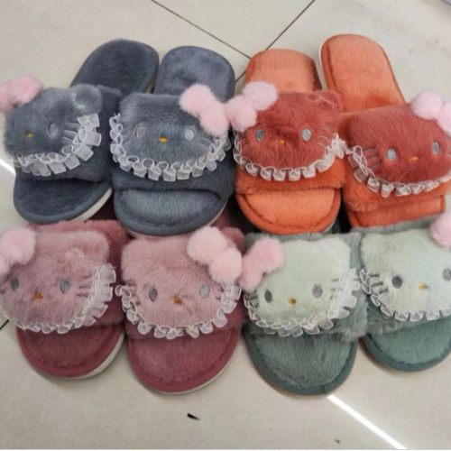 new 2024 cute cartoon cat fluffy slippers female fall winter fashion home opening word cotton slippers