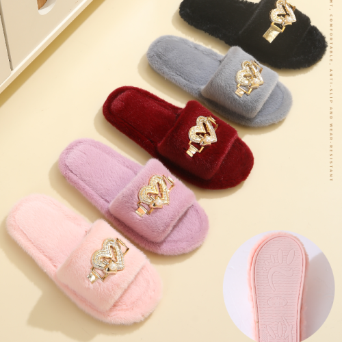 new products in stock autumn and winter chain rhinestone fluffy slippers indoor and outdoor furry flat warm slippers foreign trade