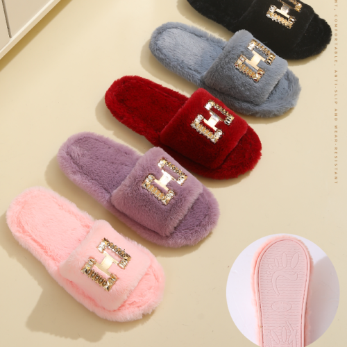 new products in stock autumn and winter chain rhinestone fluffy slippers indoor and outdoor furry flat warm slippers foreign trade