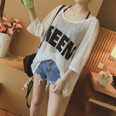 Mesh See-through Short Sleeve Sexy Top Thin Summer Translucent Flab Hiding Lightweight Sun Protection Blouse Loose Fat Girl
