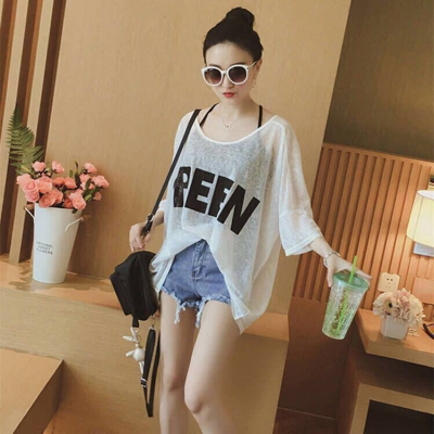 Mesh See-through Short Sleeve Sexy Top Thin Summer Translucent Flab Hiding Lightweight Sun Protection Blouse Loose Fat Girl