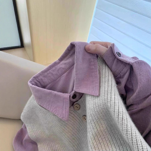 2025 spring and autumn new women‘s high-grade gentle anti-aging casual purple corduroy shirt knitted vest suit
