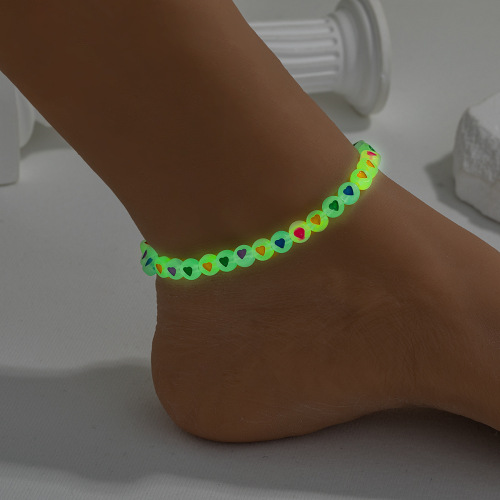 波西米亚度假风彩色夜光桃心串珠单层弹力式脚链女士适合沙滩度假