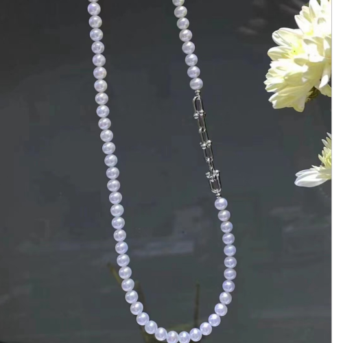 淡水珍珠项链白色珍珠5-6mm气质小圆珠S925银马蹄扣珍珠项链