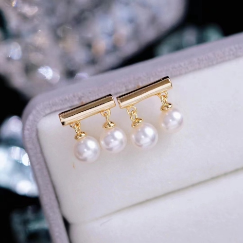 S925银耳环耳钉6.5-7MM双珠淡水珍珠圆润无暇气质耳饰甜美