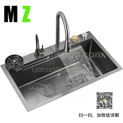 Nano 304 Stainless Steel Kitchen Sink Thickened Gun Gray Large Single Sink Washing Basin Manual Groove Sink Household