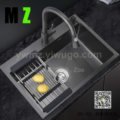 Black 304 Washing Basin Single Sink Kitchen Vegetable Washing Sink Manual Groove Black Nano Stainless Steel Sink Suit