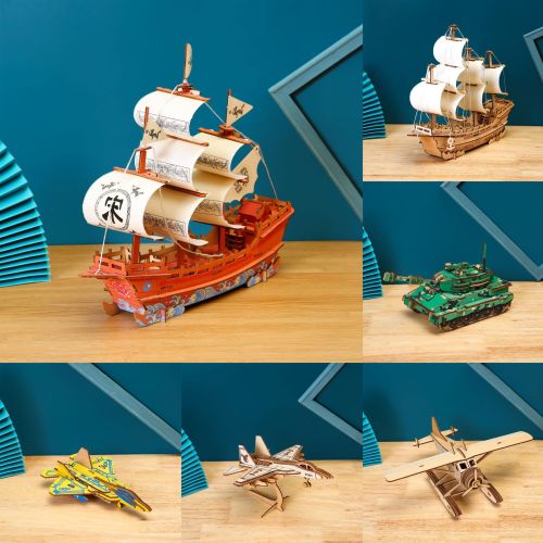儿童手工拼装战斗机轰炸机模型摆件 战舰帆船木制3D立体拼图玩具