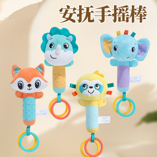 新款婴儿手摇棒卡通动物带BB叫发声手摇棒毛绒安抚手摇铃玩具批发