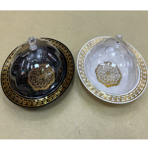 PET盖子金手柄水果盘轻奢烫金边圆形坚果盘家用客厅餐桌酒店