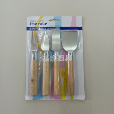 Stainless Steel Cheese Knife and Fork Four-Piece Set Wooden Handle Pizza Cake Shovel Cheese Butter Knife Slicing Knife Butter MZ
