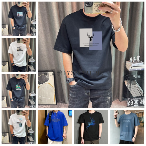 summer menswear large size short-sleeved t-shirt foreign trade men‘s elbow-sleeved top trendy printed cotton t-shirt running rivers and lakes stall supply