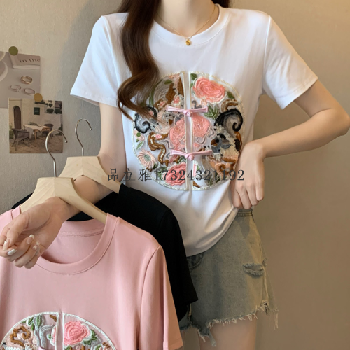 women‘s short-sleeved new chinese style retro national style embroidered chinese knot button short-sleeved t-shirt women‘s summer inner wear casual half sleeve top