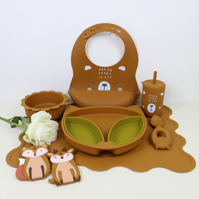 Food Grade Platinum Silicone Children's Tableware Baby Food Supplement Set Drop-Resistant Bib Plate and Bowl Cup Spork Placemat Gift Box