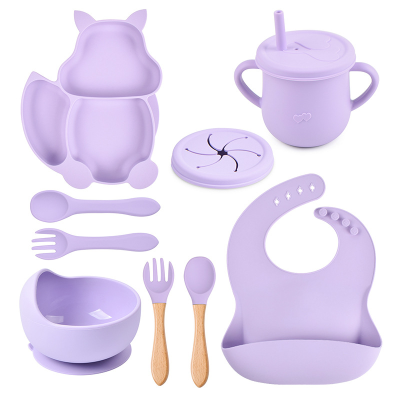 Silicone Food Supplement Plate with Suction Cup Baby Fox Plate Compartment Baby Bib Bowl Cup Spork Drop-Resistant