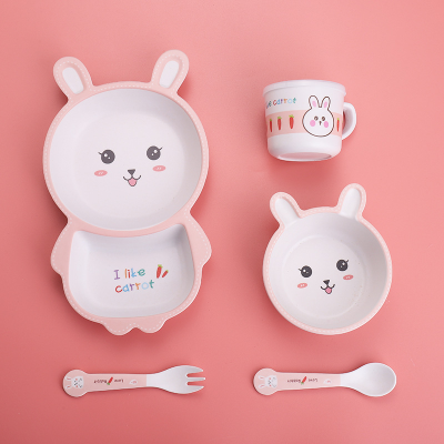Creative Bamboo Fiber Rabbit Children's Tableware Cartoon Bowl Dish Plate Spork Cup Five-Piece Set Compartment Tray Gift Box Gift