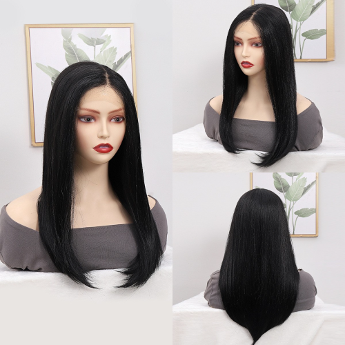 wig female simulation black long hair full top head cover front lace middle point bangs long straight hair cover european and american african new