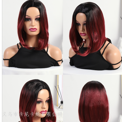 cross-border european and american dyed medium bobo wig female foreign trade short straight hair black gradient burgundy wave head