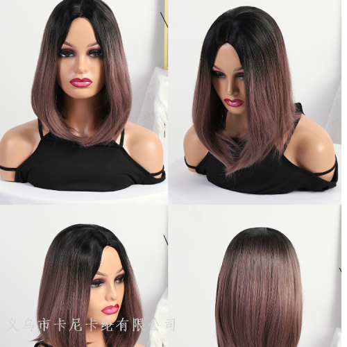 Cross-Border European and American Dyed Medium Bobo Wig Female Foreign Trade Short Straight Hair Black Gradient Cherry Color Wave Head