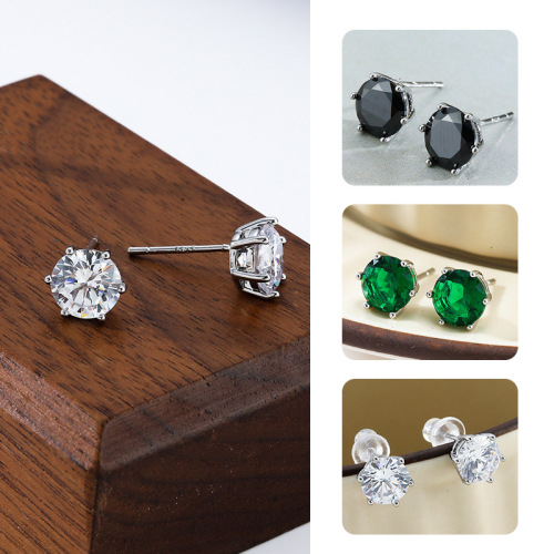 轻奢高档六爪锆石耳钉女ins风小众彩钻S925银针耳环高品质耳饰潮