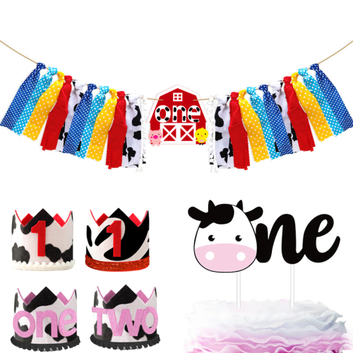 House One Color Cloth Strip Garland Dining Chair Decorative Flag Pig chicken Cow 1-Year-Old Birthday Hat Socket 