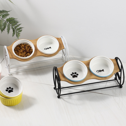  bowl ceramic double bowl  food basin high leg solid wood dog bowl ra eating drinking bowl oblique mouth ne protection  food holder