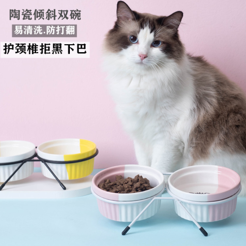  bowl ceramic double bowl drinking water pet  food basin dog  food rice bowl ra high foot oblique mouth ne protection one piece dropshipping