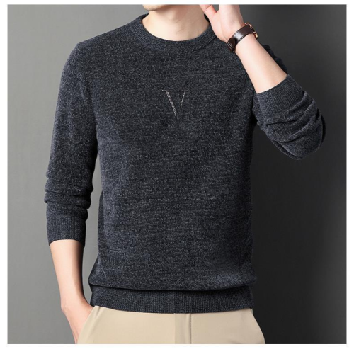 雪尼尔加厚男士毛衣秋季新款圆领印花针织衫休闲保暖套头上衣