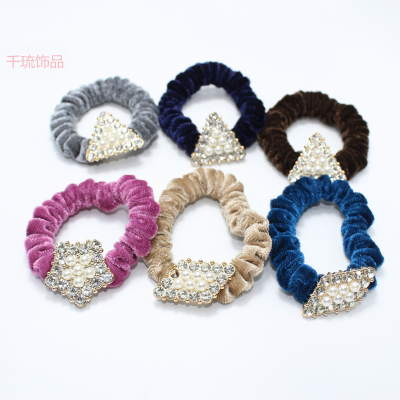 New Crystal Pearl Velvet Cloth Hair Band Cross-Border Bold Large Intestine Ring Rubber Band Temperament Hair Accessories for Fair Lady Wholesale