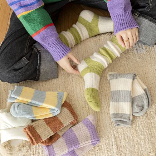 wool socks women‘s striped stitching mid-calf length socks winter thickened warm japanese ins tide towel sleep pile stockings