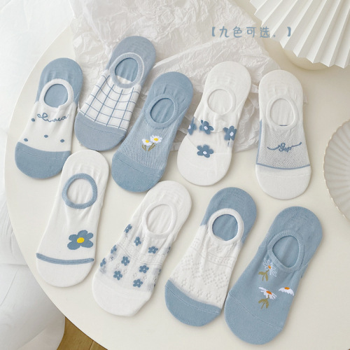 Socks Women‘s Boat Socks Summer Thin-Style Blue Small Flower Invisible Socks Silicone Non-Slip Tight Girls Shallow Mouth Short Socks