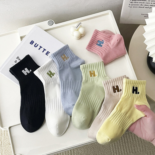 Spring and Summer Socks Women‘s Wholesale Cotton Socks Spring and Autumn Embroidery H Short Low-Top Cotton Deodorant Cotton Socks Thin Wholesale