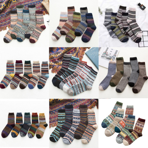 Men‘s Double Ethnic Style Socks Mid-Calf Length Socks Autumn and Winter Thick Line parallel Line Warm Thick Wool Socks Wholesale 