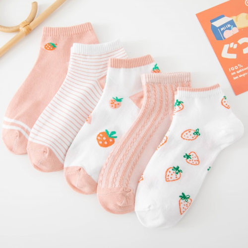 girls socks with hearts 5 pairs japanese cute strawberry cotton socks korean socks low cut low cut pink socks ins
