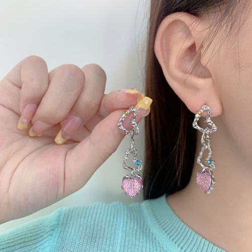 new trendy earrings japanese and korean sterling silver needle diamond-embedded pleated love heart earrings ins sweet cool cold style elegant earrings