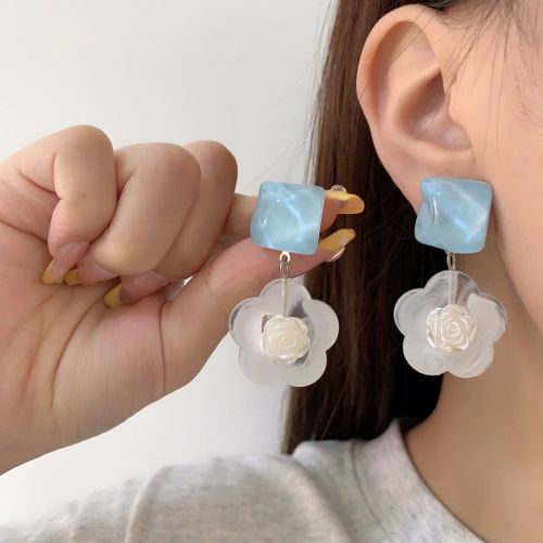 super fairy mori style s925 french style white flower blue earrings female summer temperament earrings refined and simple earrings ear clips