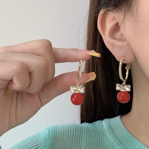 top-selling product fashion earrings retro red pearl grace internet influencer earrings women‘s bow all-match high-grade earrings for women