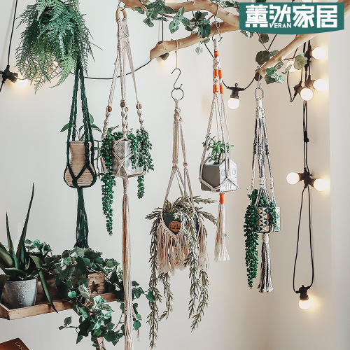 景区畅销网兜园艺创意植物绿化吊篮悬挂器棉绳手工编织吊绳跨境专