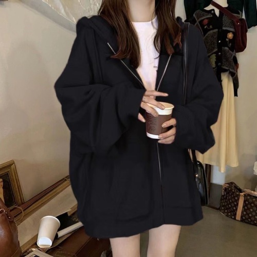2025 spring and autumn new black hoodie women‘s loose and lazy style velvet chic niche top korean coat