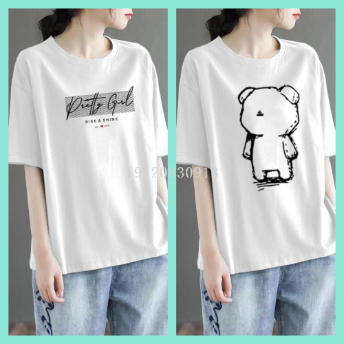 Short Sleeve T-shirt Women‘s White Loose Korean Style Large Size Slimming Half Sleeve Student Versatile Top Printed Cartoon Bottoming Shirt 