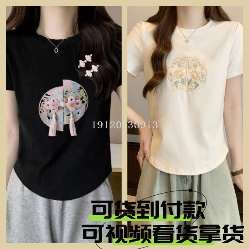cotton new chinese style short-sleeved t-shirt women‘s summer large size slimming chic american style improved top for plump girls