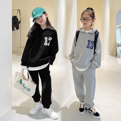 2023 Autumn New Korean Style Medium and Large Girl‘s Hooded Sweatshirt + Sports Pants Casual Two-Piece Suit Suit