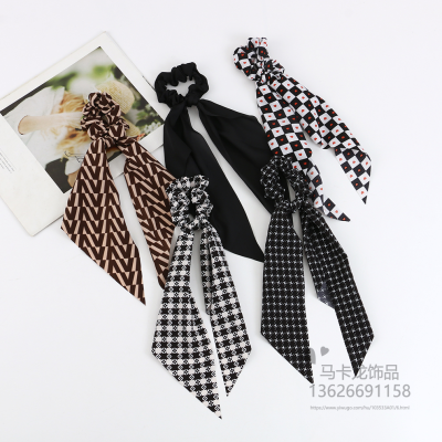 Cross-Border European and American Streamer Hair Tie Bow Long Printed Large Intestine Ring Fabric Square Scarf Hair Accessories Hair Rope Hair Accessories Wholesale