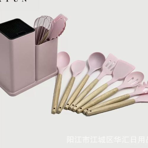 wooden handle silicone kitchenware set 19 pieces spatula and soup spoon knives set high temperature resistant non-stick pan cooking