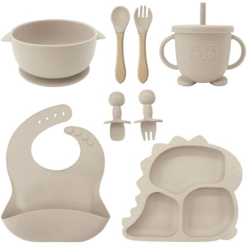 food grade baby food supplement silicone tableware 8-piece children‘s feeding tableware dinosaur-shaped plate 8-piece set