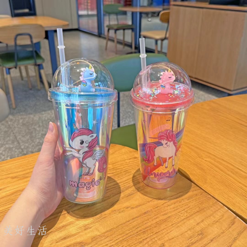 new laser unicorn double-layer plastic cup foreign trade export online hot products low price cold water cup personality fashion