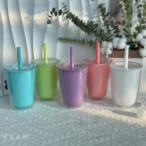 new double-layer straw cup dopamine color personality fashion creative foreign trade export amazon hot water cup