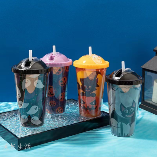 new hot sale halloween push cover double-layer plastic cup foreign trade export amazon hot straw cup
